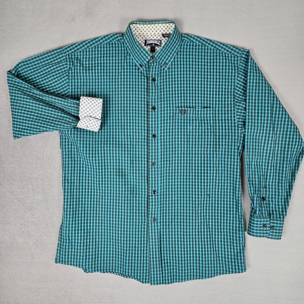 Panhandle Western Shirt Mens Large Green Plaid Long Sleeve Flip Cuff *READ